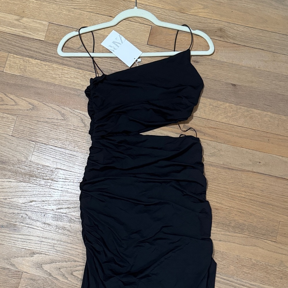 Zara Black One-Shoulder Ruched Cocktail Dress